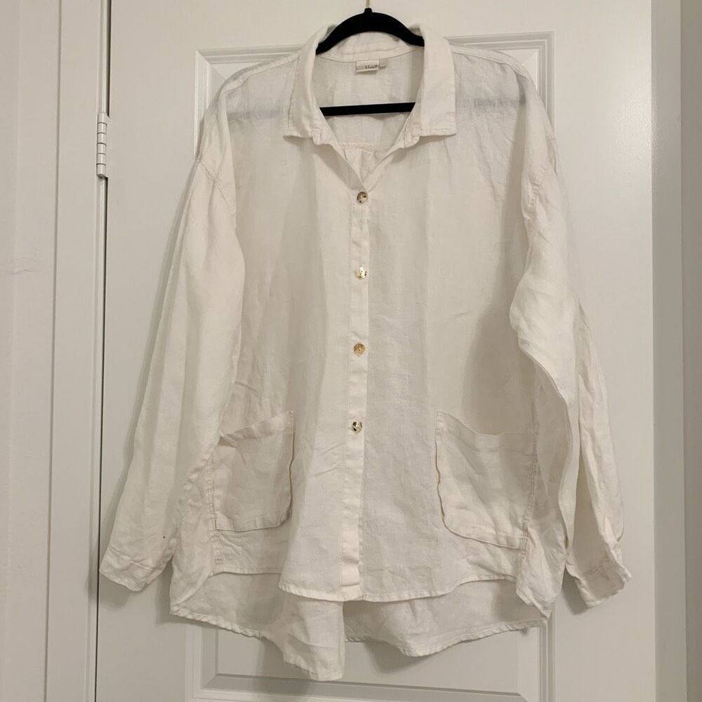 KLEEN Sz 1X 100% Linen button down Long Sleeve Shirt shacket white pockets